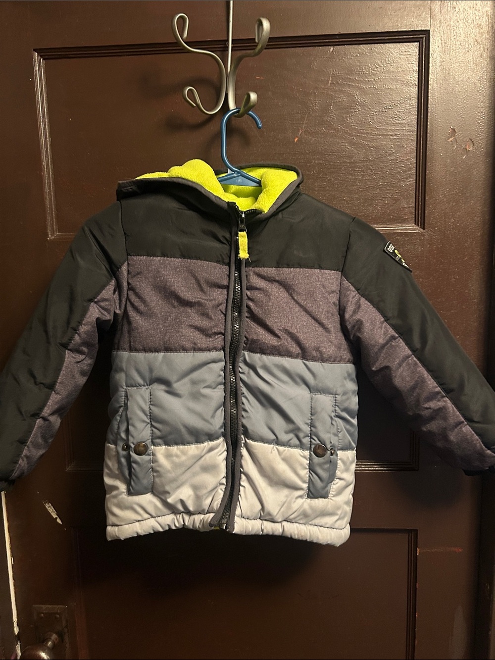 Kids Colorblock Puffer Jacket in Black and Gray with Lime Lining